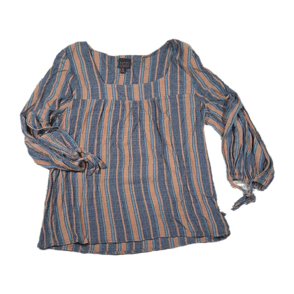MOD Lusive Striped Peasant Blouse Size M Blue Brown Boho Bell Tie Sleeve Top